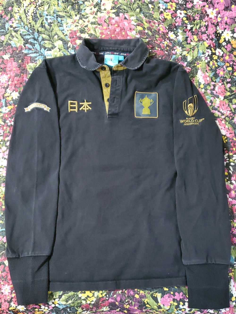 rugby world cup japan long sleeve polo shirt - black with gold accents. medium.